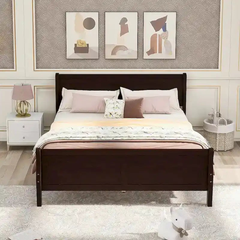 Wooden Slat Support Wood Platform Bed with Headboard