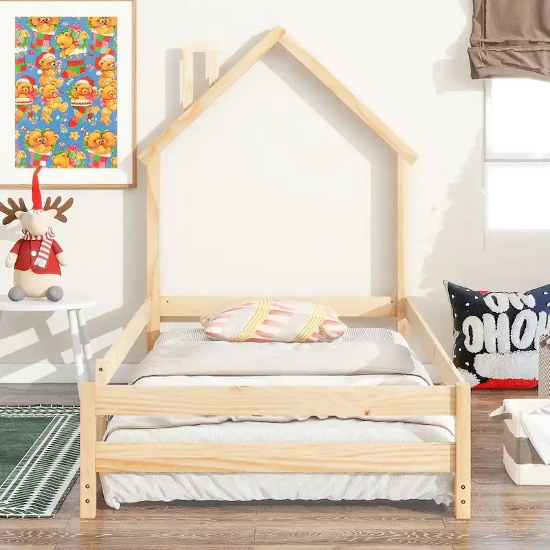 Wood bed with House-shaped Headboard
