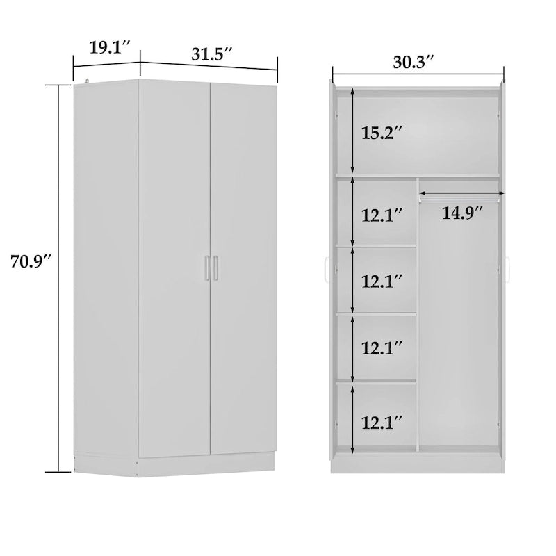 5-Tier Wardrobe Armoire with 2-Door & Hanging Rod - White