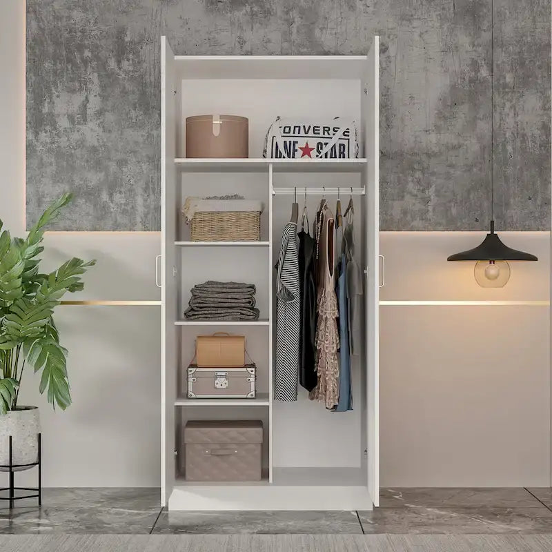 5-Tier Wardrobe Armoire with 2-Door & Hanging Rod - White