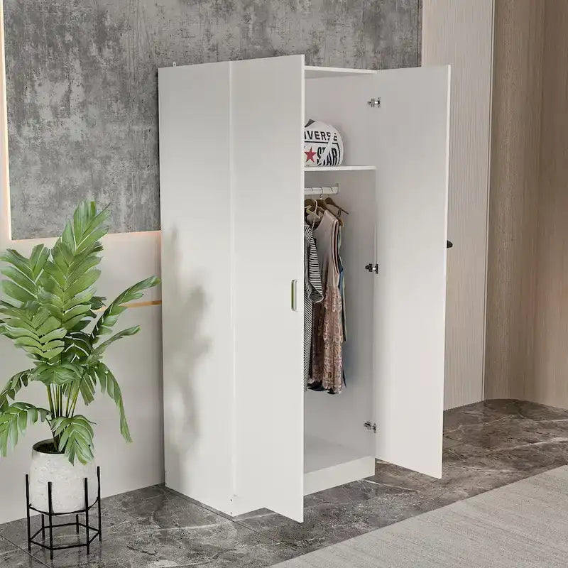 5-Tier Wardrobe Armoire with 2-Door & Hanging Rod - White