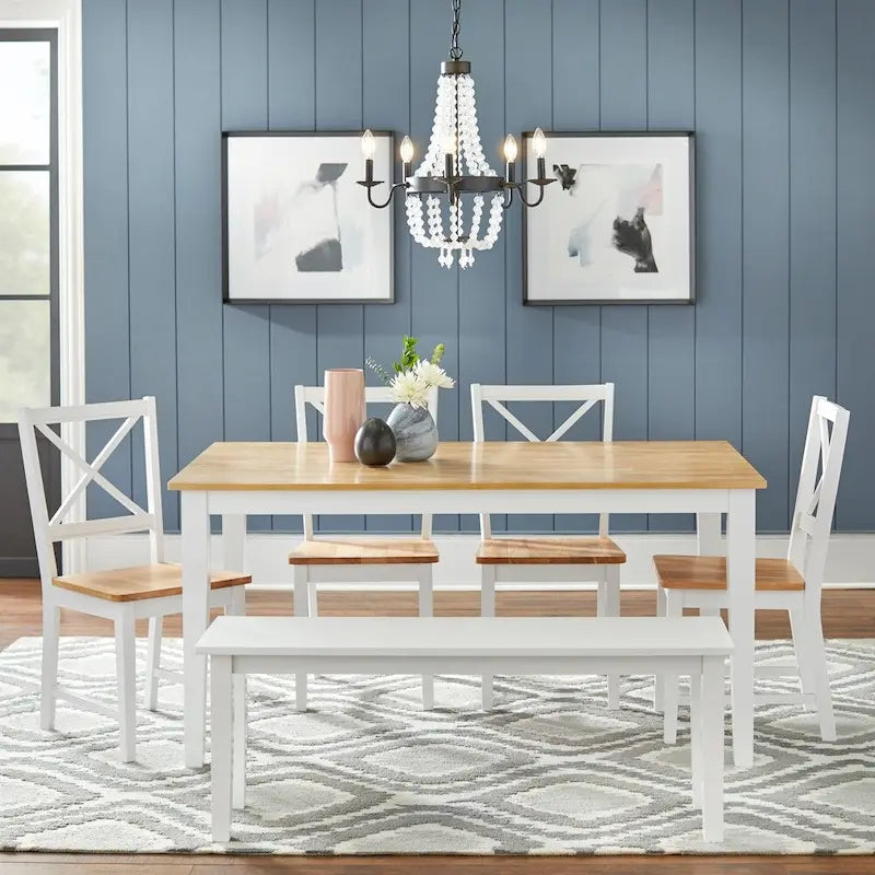 6-Piece White & Natural Wood Dining Set with Bench for 6 People