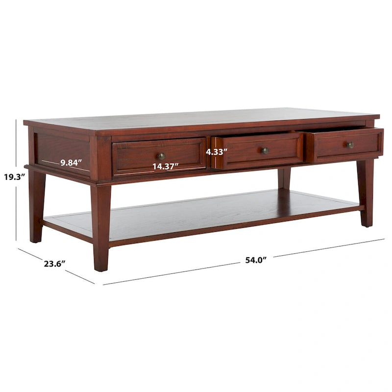 Sepia Pine Traditional Rectangle Coffee Table with 3 Drawers - 54x24x19 inches