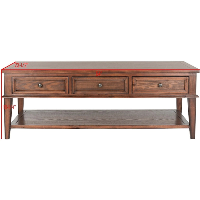 Sepia Pine Traditional Rectangle Coffee Table with 3 Drawers - 54x24x19 inches
