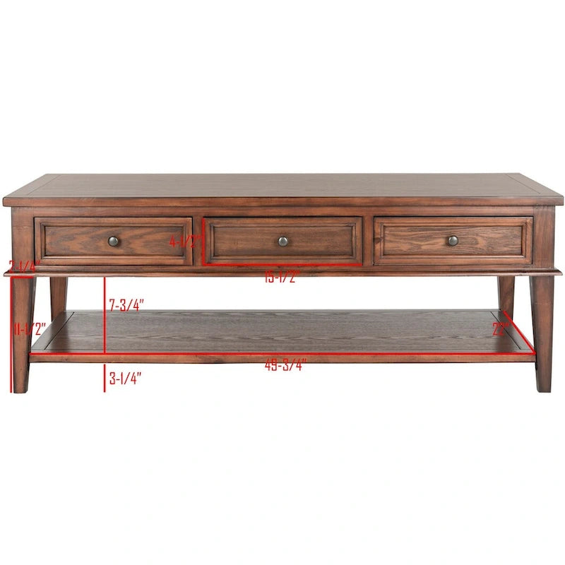 Sepia Pine Traditional Rectangle Coffee Table with 3 Drawers - 54x24x19 inches