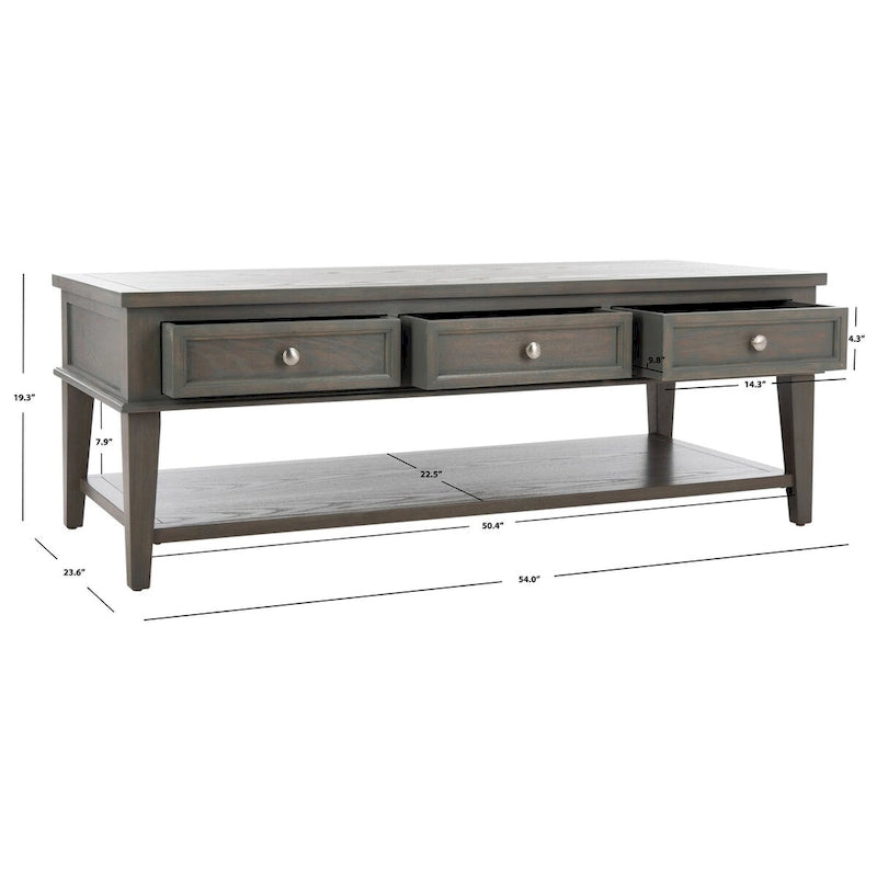 Sepia Pine Traditional Rectangle Coffee Table with 3 Drawers - 54x24x19 inches