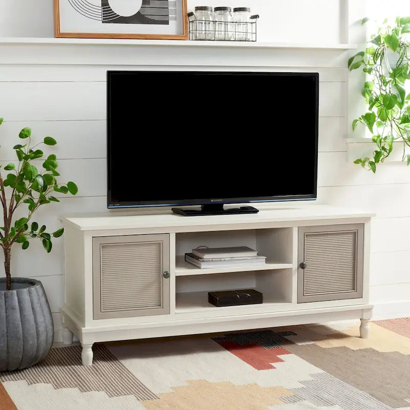 2-Door Media Stand with Shelf - Natural Wood Finish