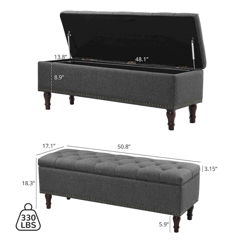 Beige Tufted Storage Bench Ottoman - 51"W x 18"D x 17"H
