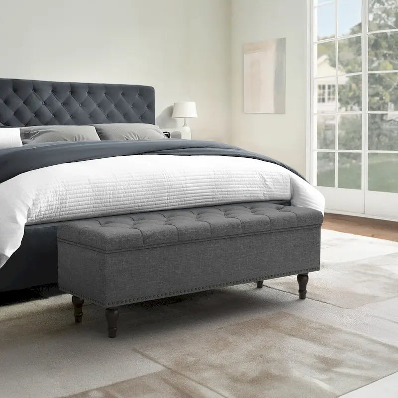 Beige Tufted Storage Bench Ottoman - 51"W x 18"D x 17"H