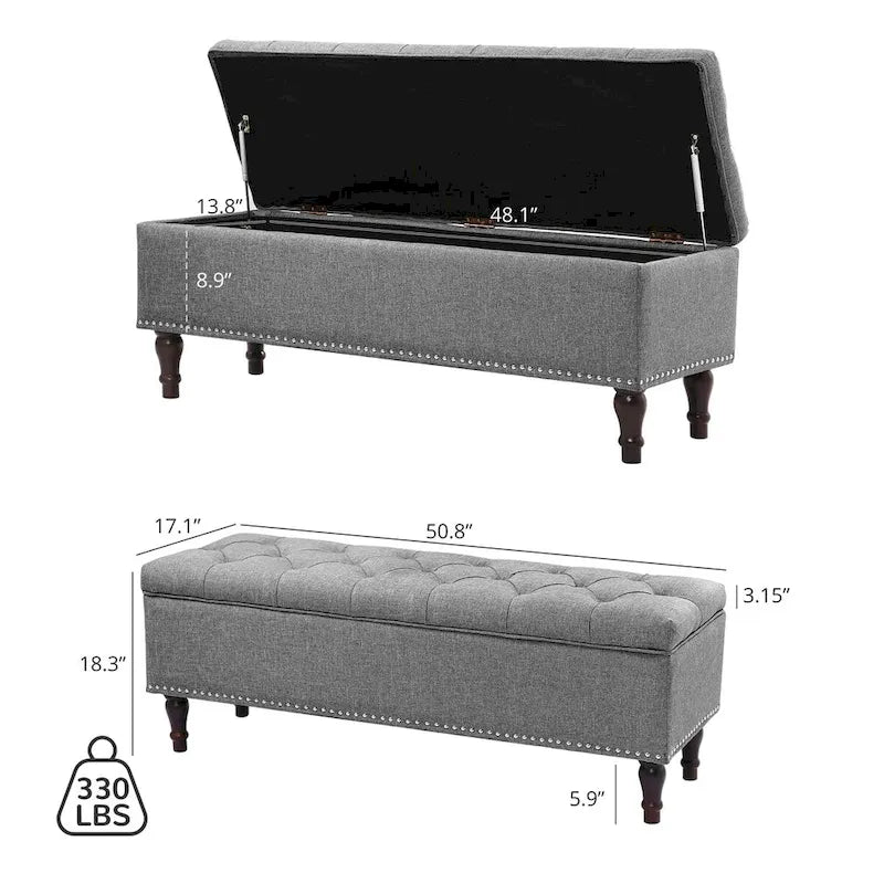 Beige Tufted Storage Bench Ottoman - 51"W x 18"D x 17"H