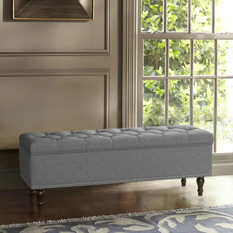 Beige Tufted Storage Bench Ottoman - 51"W x 18"D x 17"H