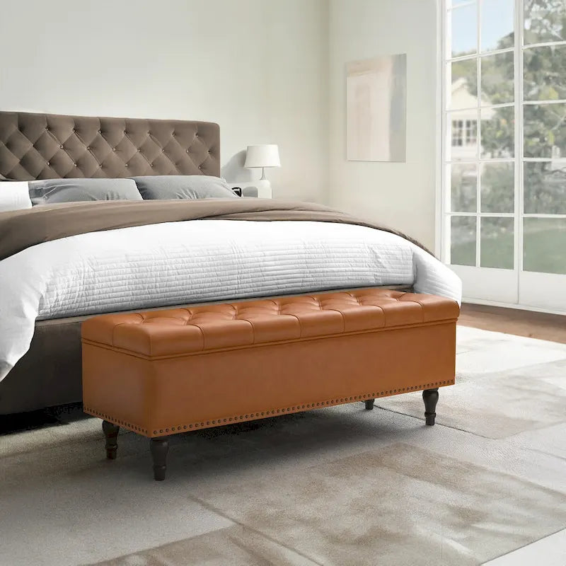 Beige Tufted Storage Bench Ottoman - 51"W x 18"D x 17"H