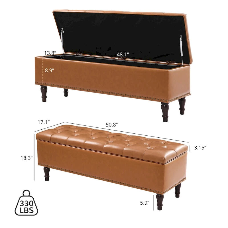 Beige Tufted Storage Bench Ottoman - 51"W x 18"D x 17"H