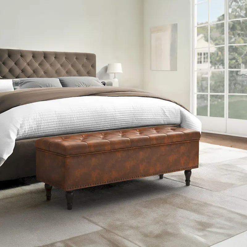 Beige Tufted Storage Bench Ottoman - 51"W x 18"D x 17"H