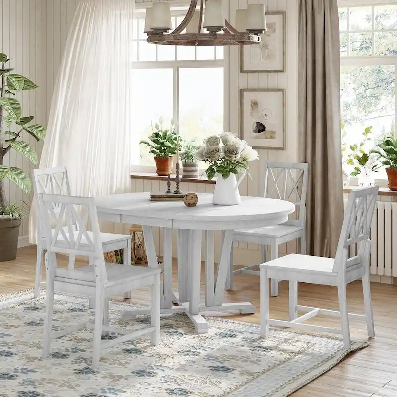 Farmhouse Solid Wood 4 Person Round Extendable Dining Table Set for Kitchen, Dining Room