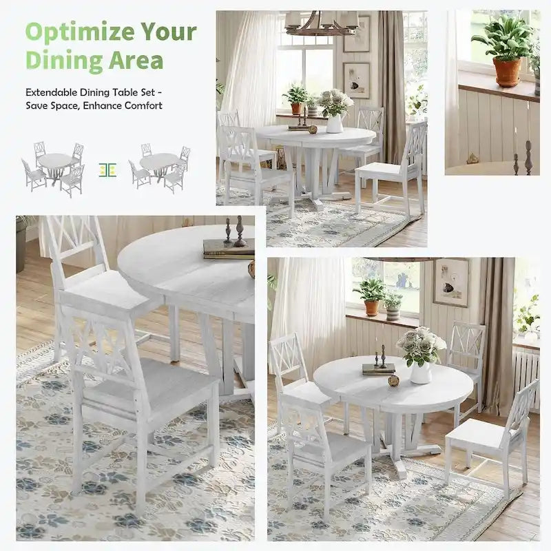 Farmhouse Solid Wood 4 Person Round Extendable Dining Table Set for Kitchen, Dining Room