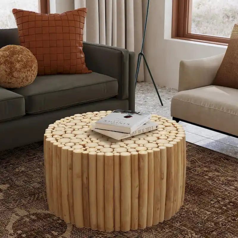 Natural Brown Teak Wood Round Coffee Table