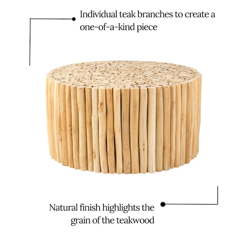 Natural Brown Teak Wood Round Coffee Table