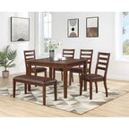 Brown 6-Person Dining Set with Table, Chairs and Bench